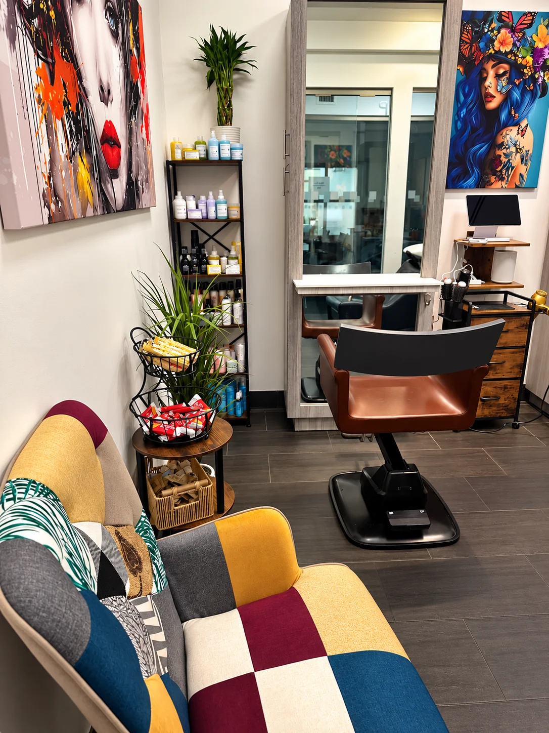 Private hair styling station and comfortable lounge at Millie Artistry
